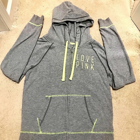 🔥EUC PINK BY VICTORIA SECRET GRAY/YELLOW ZIPPER UP HOODIE JACKET LIGHTWEIGHT - Picture 6 of 9